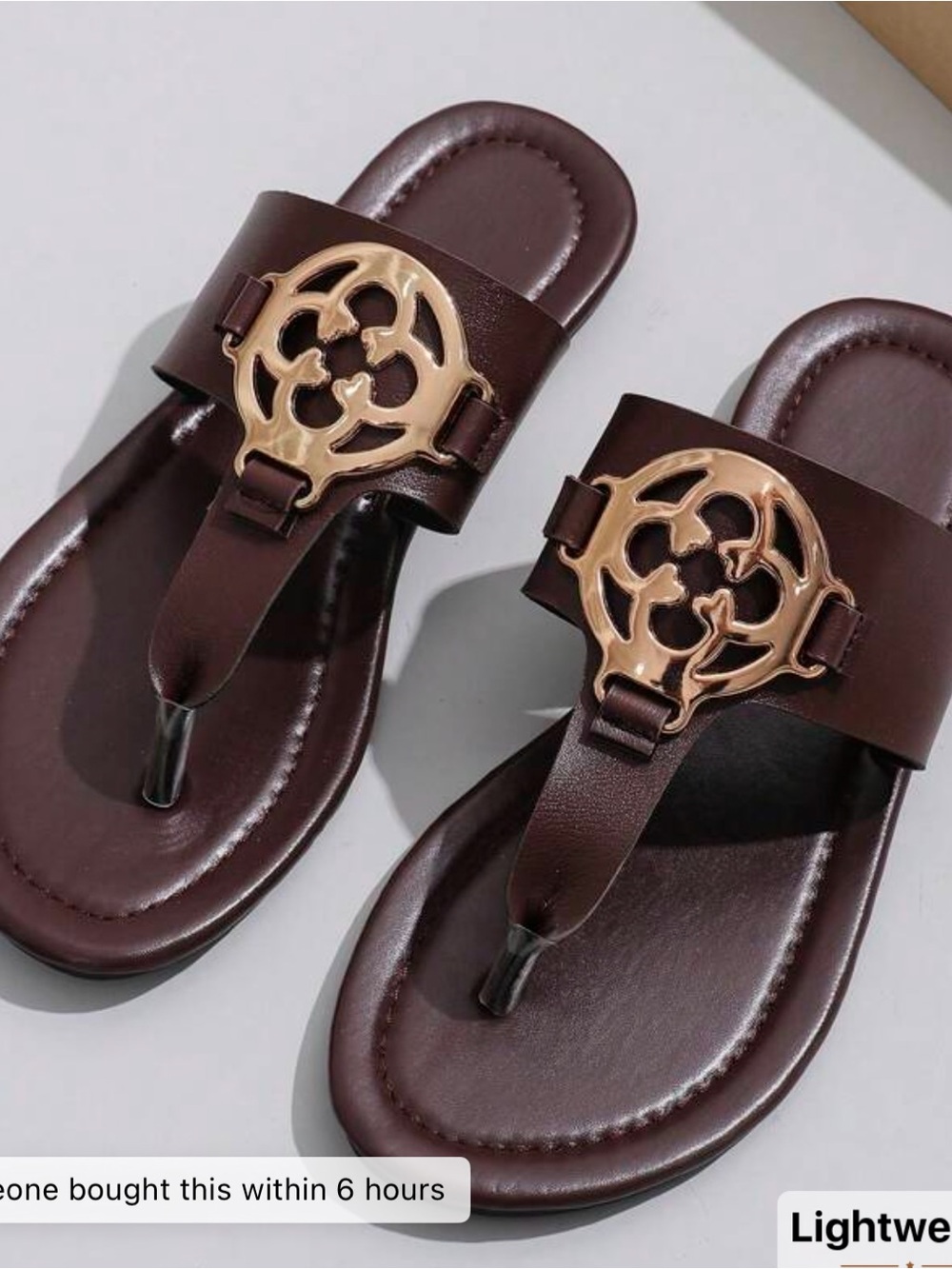 Women's Brown Leatherette Thong Sandals with Gold Emblem